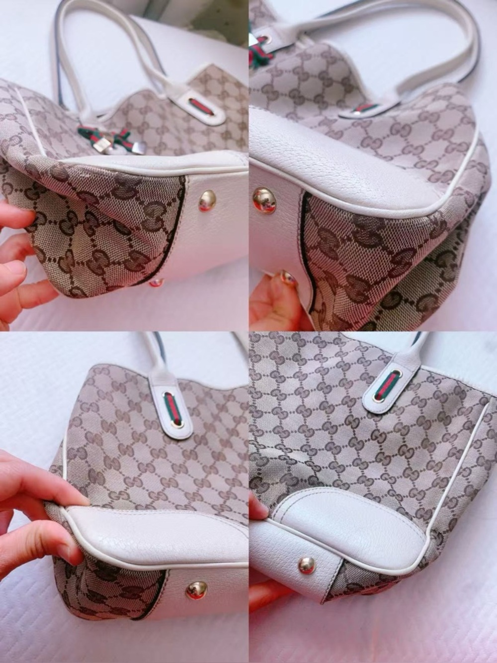 GUCCI GG Canvas Sherry Line Princy White Leather Tote Bag Shoulder Bag Authentic - Picture 13 of 14